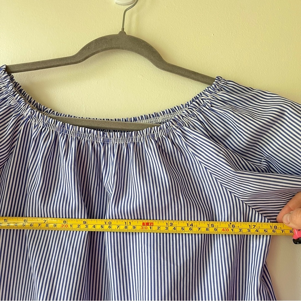 Ruffle Sleeve Off Shoulder mini dress Blue White Stripe Cotton Blend M - Picture 9 of 10